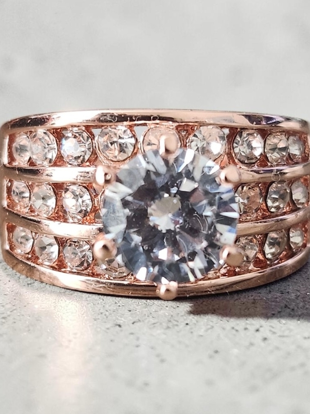Rose Gold Crystal Bridal Ring with Clear Center Stone White CZ
